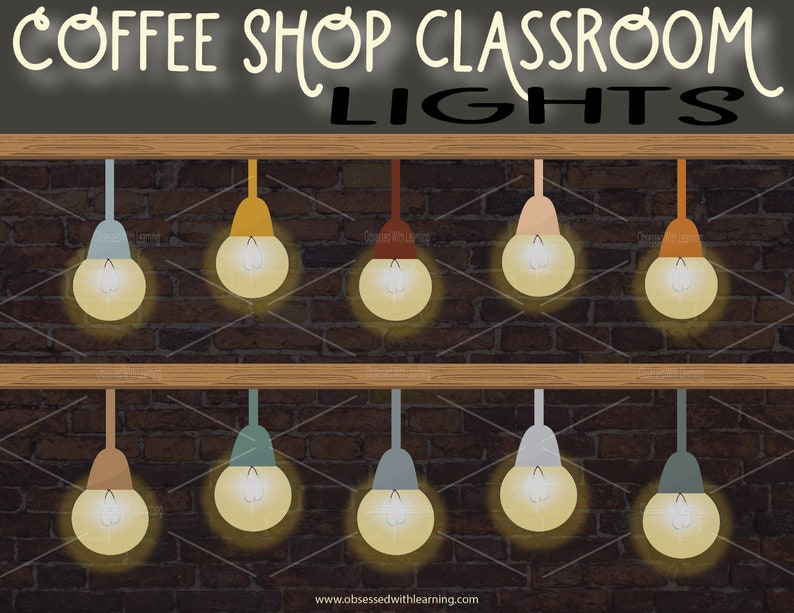 May include: A set of 10 light bulbs hanging from a wooden shelf against a brick wall. The bulbs are in various colours, including yellow, orange, brown, peach, and grey. The text "Coffee Shop Classroom Lights" is written on a chalkboard above the shelf.