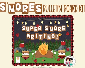 Kit de letras y decoración para tablón de anuncios con cuadros escoceses de búfalo para el aula Camping Smores