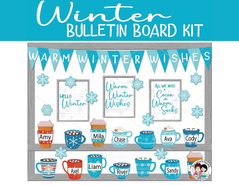 Pu&ograve; includere: Un kit per bacheca a tema invernale con uno striscione che recita "Warm Winter Wishes". Il kit include immagini di tazze di cioccolata calda, fiocchi di neve e un cartello che dice "All we need is cocoa and warm socks".