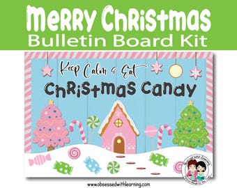 Kit de tablón de anuncios navideño de color rosa, Candyland, etiquetas de renos editables, borde de boletín navideño