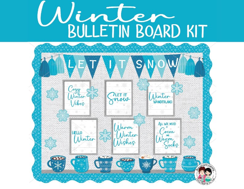 Pu&ograve; includere: Un kit per bacheca invernale blu e bianco con le parole "Let It Snow" in uno striscione in alto. Il kit include varie immagini e testi a tema invernale, come "Cozy Winter Vibes", "Let It Snow", "Winter Wonderland", "Hello Winter", "Warm Winter Wishes" e "All We Need Is Cocoa and Warm Socks".