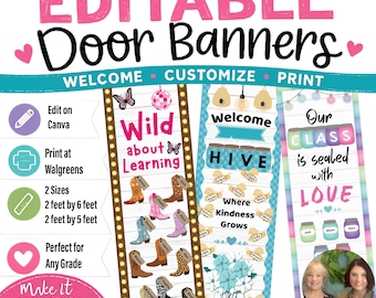 Banner editable para la puerta del aula, decoración personalizada para el aula, estilo rústico, plantillas de Canva
