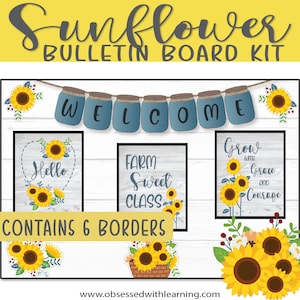 Può includere: Un kit per bacheca a tema girasole con uno striscione di benvenuto, tre cartelli con accenti di girasole e sei bordi. I cartelli dicono "Benvenuto", "Ciao", "Fattoria Dolce Classe" e "Cresci con Grazia e Coraggio".