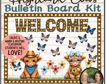 Kit de tablón de anuncios Highland Cows Farmhouse, etiquetas de nombres de mariposas editables, Canva