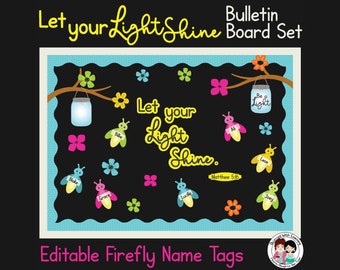 Deja que tu luz brille, Mateo 5:16, Etiquetas de nombre editables, Kit para tablón de anuncios del aula, Regreso a clases