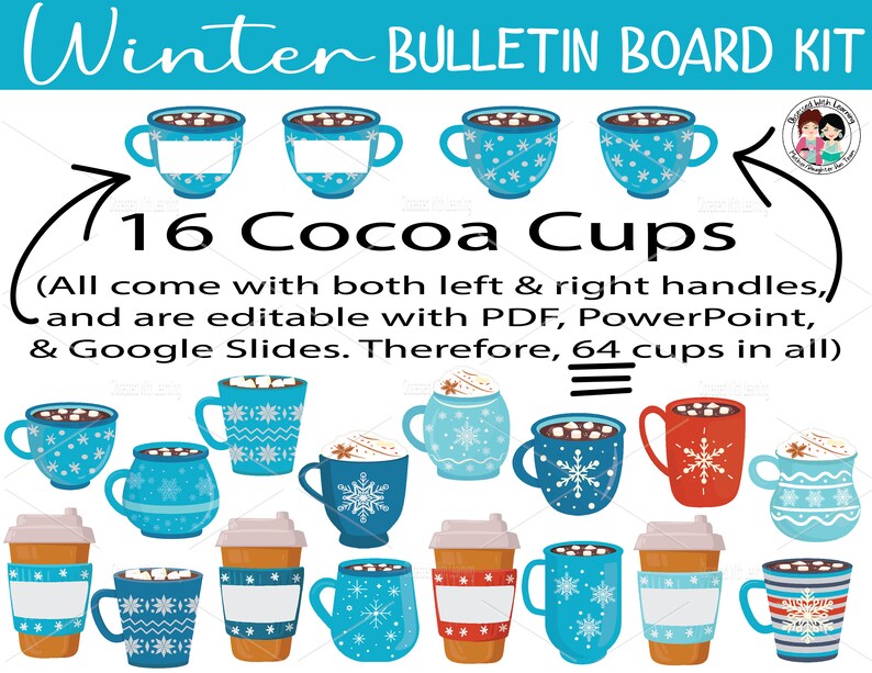 Pu&ograve; includere: Un set di 16 illustrazioni di tazze di cioccolata calda stampabili per un pannello di bacheca invernale. Le tazze sono blu, rosse e bianche con fiocchi di neve e marshmallow. Il testo "16 Cocoa Cups" &egrave; incluso nell'immagine.
