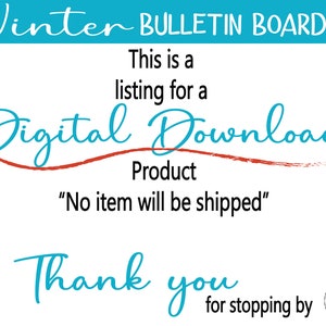 Pu&ograve; includere: Un prodotto di download digitale per un kit di bacheca invernale. Il testo "Questa &egrave; una lista per un prodotto di download digitale" &egrave; scritto in blu su uno sfondo turchese. Il testo "Nessun articolo verr&agrave; spedito" &egrave; scritto in nero su uno sfondo bianco. Il testo "Grazie per la visita" &egrave; scritto in blu su uno sfondo bianco.