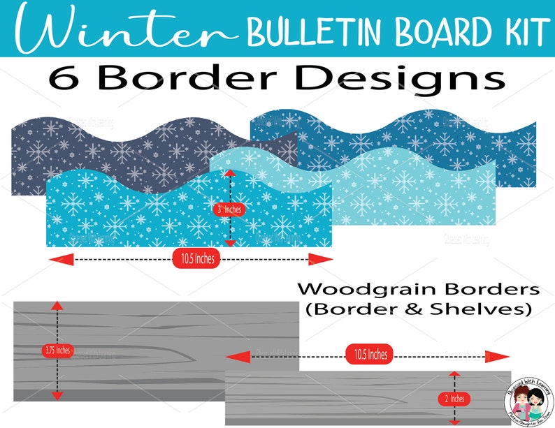 Pu&ograve; includere: Kit per bacheca invernale con sei diversi design di bordo che presentano un motivo a fiocco di neve in blu e bianco. Il kit include anche bordi in legno per mensole, che misurano 10,5 pollici per 3,75 pollici e 10,5 pollici per 2 pollici.