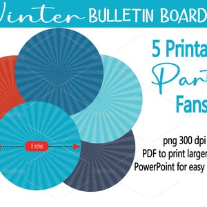 Pu&ograve; includere: Cinque ventagli per feste stampabili in blu, turchese e rosso con un motivo a pois bianchi. I ventagli hanno un diametro di 20,3 cm. Il testo "Winter Bulletin Board Kit" e "5 Printable Party Fans" &egrave; visualizzato nell'immagine.