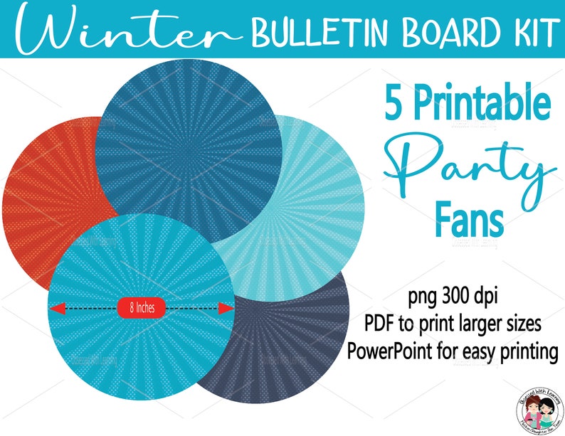 Pu&ograve; includere: Cinque ventagli per feste stampabili in blu, turchese e rosso con un motivo a pois bianchi. I ventagli hanno un diametro di 20,3 cm. Il testo "Winter Bulletin Board Kit" e "5 Printable Party Fans" &egrave; visualizzato nell'immagine.