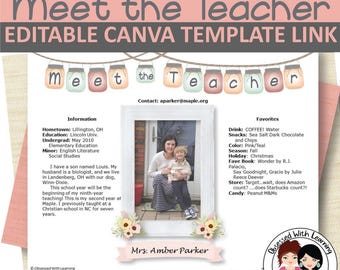 Plantilla de Canva "Conoce al profesor", bienvenida al profesor, regreso a clases, jornada de puertas abiertas, decoración de aulas rústicas, organización del profesorado, editable