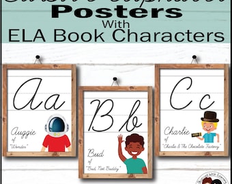 Decoración de aula de estilo rústico, pósteres con alfabeto cursivo, personaje de libro, decoración de aula de ELA, pared de lectura de primaria superior, regreso a clases