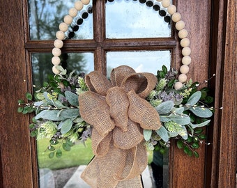 Year Round Wreath, Beaded Wreath with Lambs Ear, Farmhouse Wreath, Mantel Wreath, Kitchen decor, Wreath with Burlap