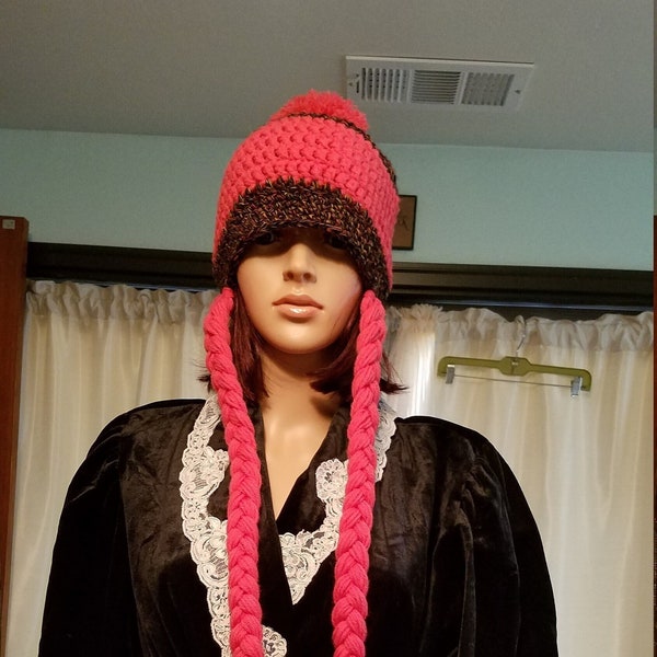 Flame and black beanie hat with braids and pom pom