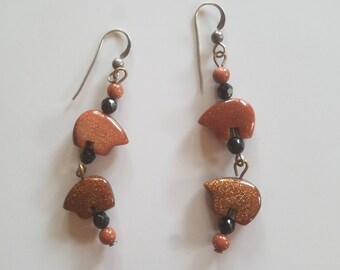 Goldstone bear earring
