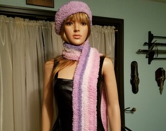 soft and fluffy purple pink and white beret and scarf set