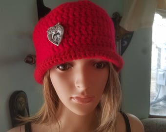 red cloche hat with detachable heart frame