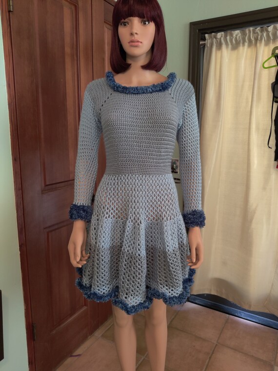 Two Tone Crochet Blue Dress with Fluffy Edging
