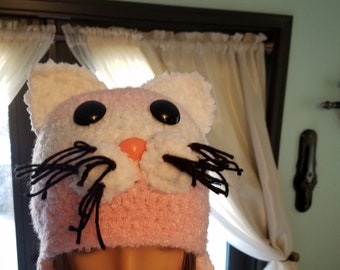 white and pink fluffy kitty beanie hat with long braids