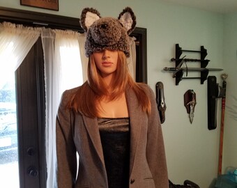 Fluffy gray wolf hat