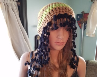 Colorful rasta style beanie with pom pom dreadlocks