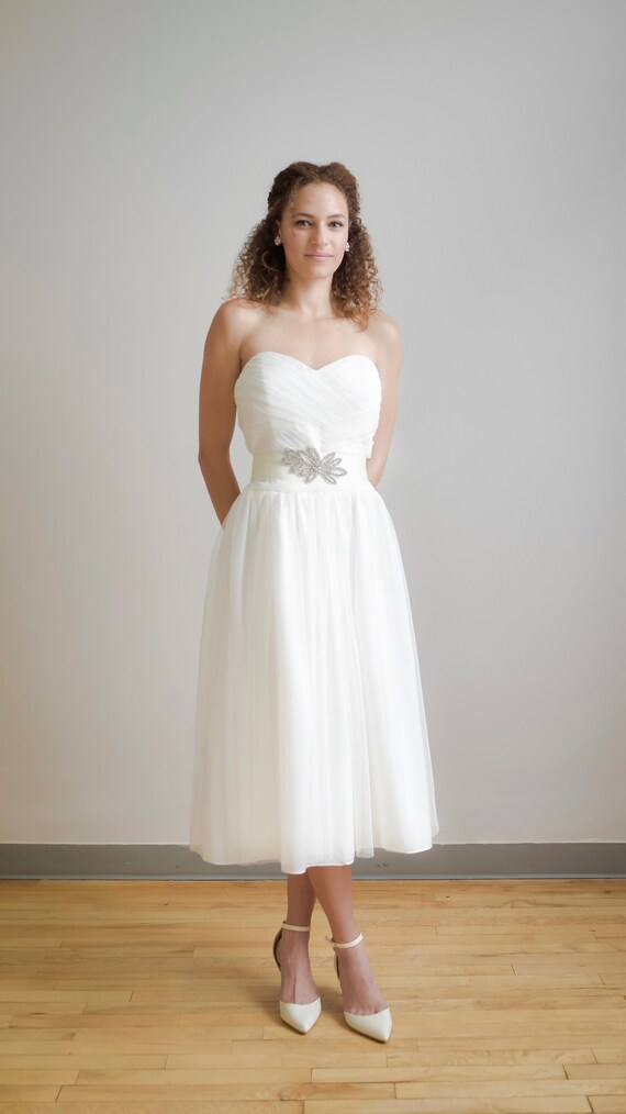 Ruched Ivory Tulle Tea Length Heart Shaped Bodice Bridal Gown Etsy