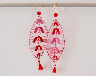 Leaf Earrings - Pink, Red - Handmade Paraguayan Embroidered Lace Ñandutí Nanduti