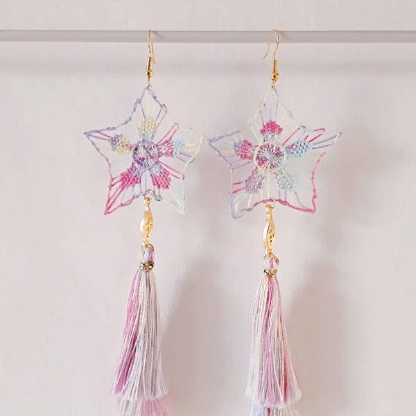 Star Dangle Earrings Handmade Paraguayan Embroidered Lace Ñandutí Nanduti