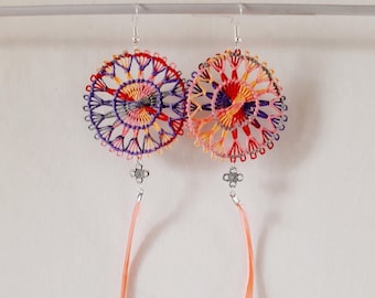 Feather Dangle Earrings Colorful Bohemian Gypsy Handmade Ñandutí