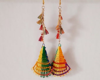 Triangle Earrings Chain Tassel - Ñandutí Lace Handmade Paraguayan Embroidered Nanduti