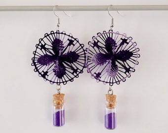 Purple Round Earrings - Mini Tiny Glass Jars Bottles Handmade Paraguayan Embroidered Lace Nanduti Ñandutí