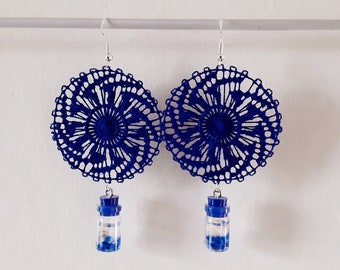 Blue Earrings Round - Glass Bottles Handmade Paraguayan Embroidered Lace Nanduti Ñandutí