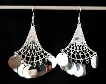 White Earrings Ñandutí Lace Dangle Triangle Shaped With Sequins - Handmade Paraguayan Embroidered Nanduti