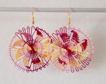 Colorful Dangle Earrings - Handmade Paraguayan Embroidered Lace Ñandutí Nanduti