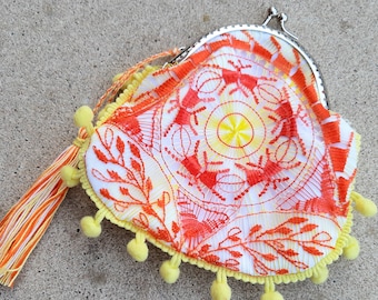 Boho Wallet With Kiss Lock Clasp Card Holder Change Cash Coin Purse Vintage Retro Colorful Multicolor Embroidered Ñandutí Lace