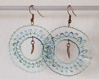 Dangle Earrings Round - Green, Blue - Handmade Paraguayan Embroidered Earrings Ñandutí Nanduti Lace