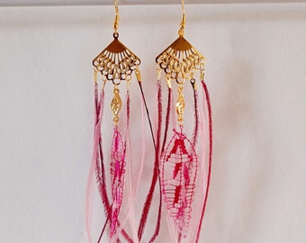 Pink Leaf Earrings With Ostrich Feathers - Handmade Paraguayan Ñandutí Nanduti Lace