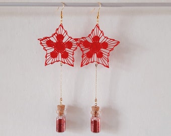 Red Star Dangle Earrings Xmas Handmade Paraguayan Embroidered Lace Ñandutí Nanduti