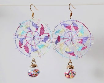 Colorful Glass Ball Earrings Filled With Stars, Drop, Confetti Shaker, Glass Globe, Glass Sphere, Ñandutí Nanduti