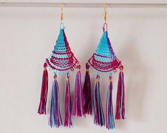 Tassel Earrings Triangle Shaped - Ñandutí Handmade Paraguayan Embroidered Lace Nanduti