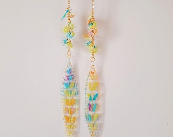 Leaf Dangle Earrings - Handmade Paraguayan Embroidered Lace Ñandutí Nanduti