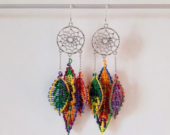 Dream Catcher Dangle Earrings Colorful Handmade Ñandutí