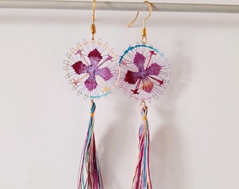 Round Tassel Earrings - Multicolor Handmade Paraguayan Nanduti Ñandutí Lace