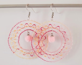 Round Earrings - Yellow, Orange, Pink - Handmade Paraguayan Embroidered Lace Ñandutí Nanduti