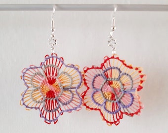 Flower Dangle Earrings - Handcrafted Paraguayan Embroidered Lace Ñandutí Nanduti