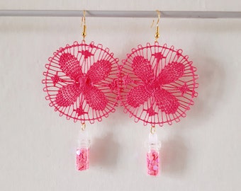 Hot Pink Ñandutí Earrings With Glass Bottles, Confetti Shaker, Nanduti