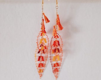 Ñandutí Leaf-Shaped Dangle Earrings Handmade