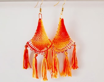 Triangle Tassel Earrings - Orange, Yellow - Handmade Ñandutí Lace Paraguayan Embroidered Lace Nanduti