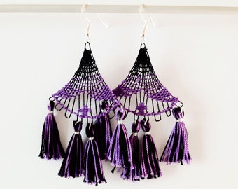 Triangle Tassel Earrings - Black, Purple - Handmade Ñandutí Lace Paraguayan Embroidered Nanduti