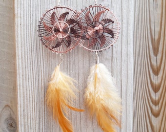 Brown Feather Earrings Boho Inspired Ethnic Bohemian Real Ostrich Long Earrings Handmade Ñandutí Nanduti